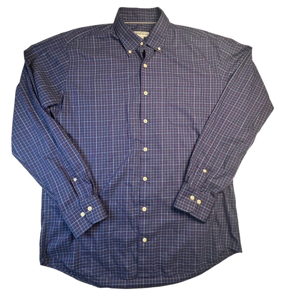 Peter Millar Mens Large Blue Plaid Button Down Long Sleeve Shirt Cotton Blend